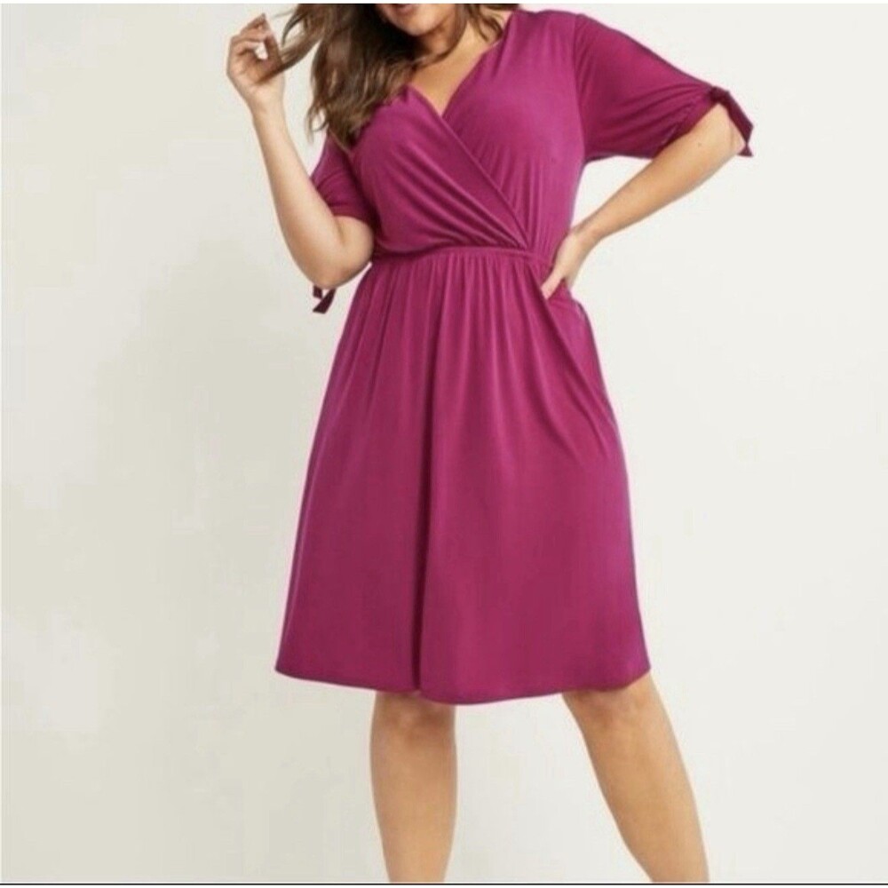 Women's Lane Bryant Fushia Summer Plus Faux Wrap V Neck S/S‎ Dress 18-20